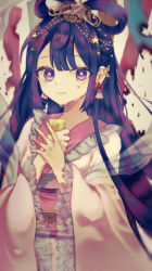 Rule 34 | 1girl, absurdres, blunt bangs, blurry, butterfly ornament, crying, depth of field, ear ornament, earrings, frilled sleeves, frills, hair ornament, hair rings, hands on own chest, highres, holding, japanese clothes, jewelry, kimono, looking at viewer, obi, original, parted lips, pink kimono, purple eyes, purple hair, sash, solo, star-shaped pupils, star (symbol), star ornament, symbol-shaped pupils, tears, upper body, yugi yuzu