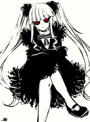 Rule 34 | 1girl, :/, bio (bioshitto), black dress, black sclera, closed mouth, colored sclera, crossed arms, crossed legs, dress, funamusea, hersilia (funamusea), highres, long hair, looking at viewer, monochrome, red eyes, shirt, solo, spot color, twintails, white shirt