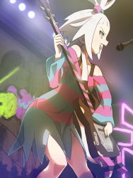 Rule 34 | 1girl, bare shoulders, bass guitar, blue dress, blue eyes, breasts, cable, commentary request, cowboy shot, creatures (company), dress, forehead, freckles, from below, from side, game freak, graffiti, gym leader, hair bobbles, hair ornament, highres, holding, holding plectrum, indoors, instrument, leaning forward, left-handed, long sleeves, looking to the side, microphone, music, nintendo, off-shoulder dress, off shoulder, open mouth, pink dress, playing instrument, plectrum, pokemon, pokemon bw2, roxie (pokemon), sidelocks, singing, small breasts, solo, stage, stage lights, standing, striped clothes, striped dress, tongue, topknot, wall, white hair, wide sleeves, yachi (fujiyasu0616)