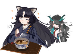Rule 34 | 2girls, animal ears, arknights, black coat, black hair, black kimono, bowl, brown eyes, coat, dog ears, dog girl, dragon girl, dragon horns, drooling, dusk (arknights), facial mark, food, forehead mark, hair over one eye, highres, horns, japanese clothes, kimono, long sleeves, multiple girls, necktie, own hands together, pointy ears, red neckwear, ryu (17569823), saga (arknights), simple background, sparkle, white background, wide sleeves