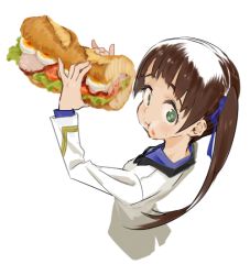 Rule 34 | 10s, 1girl, brave witches, brown hair, eating, artistic error, food, georgette lemare, green eyes, hair ribbon, holding, homare (homaredai), jacket, military, military uniform, ribbon, sandwich, simple background, solo, twintails, uniform, world witches series