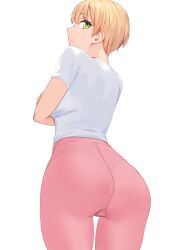 Rule 34 | 1girl, anti (0324), blonde hair, closed mouth, crossed arms, from behind, green eyes, looking back, original, pants, pink pants, shirt, short hair, short sleeves, simple background, skin tight, solo, standing, white background, white shirt, yoga pants