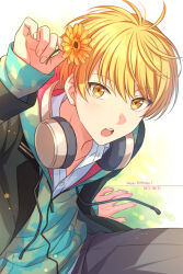 Rule 34 | 1boy, :o, arm support, black jacket, blonde hair, camouflage, commentary request, cowboy shot, dated, flower, green background, green hoodie, happy birthday, headphones, headphones around neck, highres, holding, holding flower, hood, hoodie, jacket, kichijo nanao, long sleeves, male focus, on air!, open mouth, sekina, shirt, solo, teeth, upper teeth only, white shirt, yellow eyes, yellow flower
