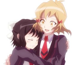 10s 2girls black_hair blush brown_eyes brown_hair clenched_teeth closed_eyes crying female_focus friends hair_ornament hair_ribbon hug kohinata_miku light_brown_hair multiple_girls necktie open_mouth rem_(eyes_410) ribbon school_uniform senki_zesshou_symphogear short_hair smile tachibana_hibiki_(symphogear) teardrop tears teeth yellow_eyes yuri