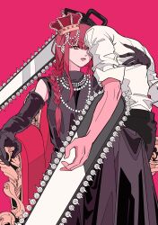Rule 34 | 1boy, 1girl, absurdres, black dress, black gloves, black pants, braid, braided ponytail, chainsaw, chainsaw man, collared shirt, crown, denji (chainsaw man), dress, gloves, hair over shoulder, highres, jewelry, looking at viewer, makima (chainsaw man), medium hair, necklace, null024, one eye covered, pants, pearl necklace, pink background, red hair, ringed eyes, shirt, shirt tucked in, sidelocks, simple background, sitting, sleeves rolled up, throne, white shirt, yellow eyes