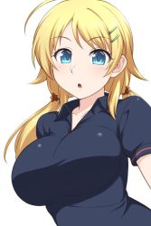 1girl, :o, ahoge, bangs, black shirt, blonde hair, blue eyes, blue shirt, breasts, collarbone, commentary request, eyebrows visible through hair, hachimiya meguru, hair ornament, hair scrunchie, hairclip, highres, idolmaster, idolmaster shiny colors, large breasts, long hair, looking at viewer, low twintails, open mouth, pataneet, polo shirt, scrunchie, shirt, short sleeves, simple background, solo, swept bangs, twintails, upper body, white background