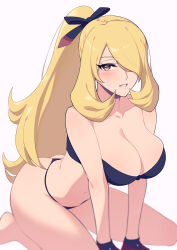 Rule 34 | 1girl, ass, barefoot, bikini, blonde hair, blue bikini, blue gloves, blue ribbon, blush, breasts, cleavage, commentary request, creatures (company), cynthia (pokemon), cynthia (sygna suit) (aura) (pokemon), game freak, gloves, grey eyes, hair over one eye, hair ribbon, hands on floor, highres, large breasts, long hair, looking at viewer, maki (letusgomaki), nintendo, one eye covered, parted lips, pokemon, pokemon masters ex, ponytail, ribbon, simple background, smile, solo, strapless, strapless bikini, string bikini, sweatdrop, swimsuit, teeth, thighs, thong bikini, very long hair, wavy hair, white background