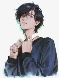 Rule 34 | 1boy, alzi xiaomi, black hair, black sweater, chromatic aberration, commentary, english commentary, hands up, highres, long sleeves, male focus, mole, mole under eye, original, parted lips, photo-referenced, short hair, solo, sweater, upper body