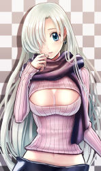 Rule 34 | 10s, 1girl, black scarf, blue eyes, breasts, checkered background, cleavage, cleavage cutout, clothing cutout, earrings, elizabeth liones, hair over one eye, haru (toyst), head tilt, jewelry, large breasts, long hair, looking at viewer, meme attire, midriff, nanatsu no taizai, navel, open-chest sweater, parted lips, pink sweater, ribbed sweater, scarf, silver hair, solo, stomach, sweater, turtleneck, turtleneck sweater, upper body, very long hair