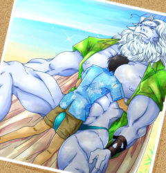 Rule 34 | 2boys, abs, alternate costume, bara, bare pectorals, beach, beard, between pecs, between pectorals, blue male swimwear, bulge, colored skin, deeris10, facial hair, fate/grand order, fate (series), fujimaru ritsuka (male), fujimaru ritsuka (male) (tropical summer), giant, giant male, green shirt, grey skin, head between pecs, large pectorals, long hair, male focus, male swimwear, mature male, multiple boys, muscular, muscular male, nipples, official alternate costume, old, old man, on person, open clothes, open shirt, outdoors, pectorals, shirt, size difference, sleeping, sleeping on person, spread legs, stomach, sun, swim briefs, thighs, very long hair, yaoi, zeus (fate)