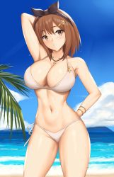 Rule 34 | 1girl, arcie albano, arm behind head, arm up, armpits, atelier (series), atelier ryza, atelier ryza 1, bare shoulders, beach, bikini, blue sky, blush, braid, breasts, brown eyes, brown hair, cleavage, collarbone, day, hairband, highres, jewelry, key, large breasts, looking at viewer, navel, necklace, open mouth, outdoors, reisalin stout, revision, shore, short hair, side braid, sky, smile, solo, swimsuit, thighs