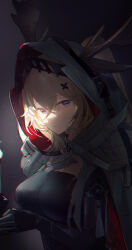 Rule 34 | 1girl, animal ears, antlers, antlers through hood, arknights, black shirt, blonde hair, breasts, candle, cape, chromatic aberration, crossed bangs, deer antlers, deer ears, deer girl, ears through hood, gauntlets, hair ornament, highres, holding, holding candle, hood, hood up, hooded cape, horns, large breasts, light, looking at viewer, omone hokoma agm, purple eyes, shirt, solo, upper body, viviana (arknights), white cape, x hair ornament