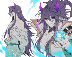 Rule 34 | 1boy, ball, bare shoulders, black hair, closed mouth, collarbone, cowboy shot, energy, fingernails, from side, frown, highres, horns, league of legends, long hair, male focus, multiple views, off shoulder, pin (done uop a), pointy ears, ponytail, profile, purple horns, purple nails, sharp fingernails, smile, spirit blossom thresh, teeth, thresh (league of legends), white background