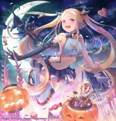 Rule 34 | 1girl, abigail williams (fate), basket, black bow, black cat, blonde hair, blue eyes, blush, bow, breasts, candy, cat, crescent moon, fate/grand order, fate (series), food, forehead, hair bow, happy halloween, highres, jack-o&#039;-lantern, kinom (sculpturesky), long hair, looking at viewer, midriff, moon, multiple bows, navel, night, night sky, orange bow, parted bangs, sidelocks, sky, small breasts, suspenders, thighhighs, twintails