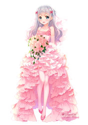 Rule 34 | 10s, 1girl, :d, artist name, bare shoulders, blue eyes, blush, bouquet, bridal veil, bride, collarbone, dress, elbow gloves, eromanga sensei, flat chest, flower, frilled dress, frills, full body, glint, gloves, grandia bing, holding, holding bouquet, izumi sagiri, jewelry, long hair, looking at viewer, necklace, open mouth, pantyhose, pearl necklace, pink dress, pink flower, pink footwear, pink rose, rose, shoes, silver hair, simple background, sleeveless, sleeveless dress, smile, solo, standing, teeth, third-party source, upper teeth only, veil, wedding dress, white background, white gloves, white pantyhose