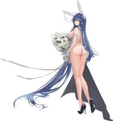 Rule 34 | 1girl, absurdly long hair, ass, azur lane, back, bare back, between buttocks, blue eyes, blue hair, blush, breasts, butt crack, dress, flower, from behind, gloves, hair between eyes, hair ornament, high heels, highres, large breasts, long hair, looking at viewer, looking back, new jersey (azur lane), new jersey (snow-white ceremony) (azur lane), nipples, nude, nude filter, official alternate costume, pumps, shoes, sideboob, solo, stiletto heels, third-party edit, transparent background, twisted torso, very long hair, yyy (zelda10010)