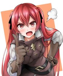 Rule 34 | 1girl, brown gloves, fire emblem, fire emblem fates, gloves, long hair, nintendo, open mouth, red eyes, red hair, selena (fire emblem fates), severa (fire emblem), simple background, solo, ten (tenchan man), twintails