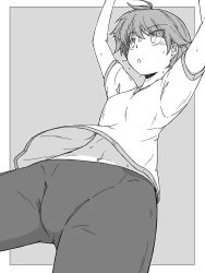 Rule 34 | 1girl, absurdres, arms up, bike shorts, border, commentary, dutch angle, eyes visible through hair, girls und panzer, greyscale, groin, gym shirt, gym uniform, highres, isobe noriko, looking to the side, monochrome, navel, open mouth, outside border, renshiu, shirt, short hair, short sleeves, solo, standing, sweat, t-shirt
