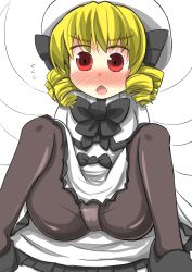 Rule 34 | 1girl, black pantyhose, blonde hair, blush, bow, chestnut mouth, drill hair, fairy wings, fallen down, flying sweatdrops, gaoo (frpjx283), hat, hat bow, highres, luna child, panties, panties under pantyhose, pantyhose, red eyes, simple background, solo, spread legs, touhou, underwear, wings