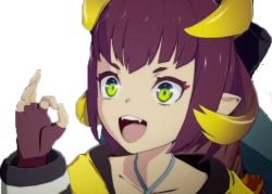 Rule 34 | 1girl, bandai namco, blonde hair, blue protocol, child, fangs, feste, fingerless gloves, gloves, green eyes, multicolored hair, ok sign, open mouth, pointy ears, purple hair, solo, tagme, white background