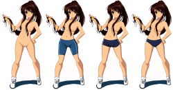 Rule 34 | 00s, 10s, 1girl, absurdres, alternate costume, breasts, brown hair, buruma, censored, gym uniform, highres, long hair, multiple views, nipples, nude, nude filter, ponytail, shorts, single vertical stripe, small breasts, spandex, standing, suzumiya haruhi, suzumiya haruhi no shoushitsu, suzumiya haruhi no yuuutsu, third-party edit, topless, underwear, very long hair, white background