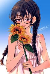 Rule 34 | 1girl, alternate hairstyle, artist name, bare arms, bare shoulders, black-framed eyewear, black hair, blue background, blush, braid, closed mouth, commentary, dated, dress, flower, glasses, gradient background, hand up, himawari-san, himawari-san (character), holding, holding flower, lipstick, long hair, looking at flowers, looking down, makeup, nail polish, name connection, object namesake, pink lips, purple eyes, signature, simple background, sleeveless, sleeveless dress, smile, solo, sugano manami, sunflower, symbol-only commentary, twin braids, upper body, white dress, yellow flower, yellow nails