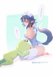Rule 34 | 1girl, barefoot, black hair, braid, braided ponytail, breasts, cleavage, dog tail, earrings, full body, genderswap, genderswap (mtf), gloves, grey shirt, hand up, hat, highres, hoop earrings, jewelry, lanxi zhen, large breasts, long hair, pointy ears, purple eyes, seiza, shirt, shorts, sitting, speech bubble, suncle, tail, luo xiaohei zhanji, thighhighs, white gloves, white shorts, xuan li (the legend of luoxiaohei)