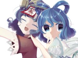 Rule 34 | 2girls, :d, black ribbon, blue dress, blue eyes, blue hair, cabbie hat, closed eyes, closed mouth, commentary request, dress, fingernails, grey headwear, hair ornament, hair rings, hair stick, hand on another&#039;s shoulder, hat, hat ornament, highres, jiangshi, kaku seiga, lace-trimmed sleeves, lace trim, looking at viewer, medium bangs, miyako yoshika, momoko-san, multiple girls, neck ribbon, ofuda, open mouth, red shirt, ribbon, shirt, short hair, short sleeves, simple background, smile, star (symbol), star hat ornament, touhou, upper body, vest, white background, white vest