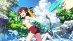 2girls :d adapted_costume ahoge asakura_mihono barefoot boulder breasts brown_eyes brown_hair cloud day dual_wielding game_cg hair_between_eyes holding holding_water_gun medium_breasts medium_hair midriff minoseki_gakuin_uniform multiple_girls non-web_source official_art one_eye_closed open_mouth outdoors running sky smile solo_focus swimsuit toji_no_miko toji_no_miko:_kizamishi_issen_no_tomoshibi tree two_side_up water water_gun