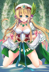 Rule 34 | 1girl, :d, aqua eyes, bankoku ayuya, barefoot, blonde hair, blush, breasts, cleavage, freyja (p&amp;d), gem, green eyes, hair ornament, hat, jewelry, kneeling, long hair, lots of jewelry, necklace, open mouth, pointy ears, puzzle &amp; dragons, skirt hold, smile, solo, very long hair