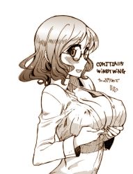 Rule 34 | 1girl, blush, breast hold, breasts, cleavage, covered erect nipples, glasses, kusanagi tonbo, large breasts, monochrome, no bra, open clothes, open mouth, open shirt, original, shirt, short hair, smile, solo, text focus, upper body
