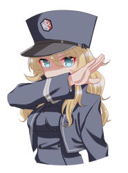 Rule 34 | 10s, 1girl, alternate hair length, alternate hairstyle, bad id, bad pixiv id, bc freedom (emblem), bc freedom military uniform, blonde hair, blue eyes, blue hat, blue jacket, blue vest, covering own mouth, cropped torso, emblem, girls und panzer, hat, jacket, kumasawa (dkdkr), long hair, long sleeves, military hat, oshida (girls und panzer), shako cap, simple background, solo, standing, upper body, vest, white background