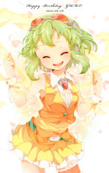 Rule 34 | 1girl, :d, closed eyes, goggles, goggles on head, green hair, gumi, hair ornament, headphones, highres, open mouth, red-tinted eyewear, short hair, smile, solo, tinted eyewear, umiko (munemiu), vocaloid