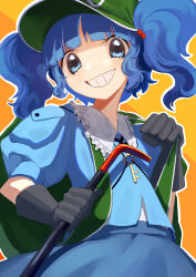 Rule 34 | &gt;:), 1girl, absurdres, backpack, bag, black gloves, blue eyes, blue hair, blue shirt, blue skirt, blunt bangs, collared shirt, commentary, crowbar, flat cap, frilled shirt collar, frills, gloves, green bag, green hat, grin, hair bobbles, hair ornament, hat, highres, holding, holding crowbar, holding strap, jewelry, kawashiro nitori, key, key necklace, looking at viewer, nanashi nasi, necklace, orange background, outline, puffy short sleeves, puffy sleeves, shirt, short hair, short sleeves, simple background, skirt, smile, solo, touhou, two side up, v-shaped eyebrows, white outline, wrench, yellow background
