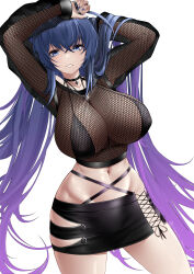 Rule 34 | 1girl, absurdres, arms up, azur lane, bikini, bikini under clothes, black bikini, black choker, black skirt, blue eyes, blue hair, blue nails, breasts, choker, cleavage, clothing cutout, collarbone, commentary, covered erect nipples, cowboy shot, crop top, fingernails, fishnet top, fishnets, groin, hair between eyes, hair intakes, highres, irkawaza, jewelry, large breasts, long fingernails, long hair, looking at viewer, midriff, miniskirt, navel, necklace, new jersey (azur lane), official alternate costume, parted lips, see-through, see-through cleavage, see-through shirt, shirt, side cutout, sidelocks, simple background, skirt, solo, standing, swimsuit, twitter username, very long hair, white background, zozotown
