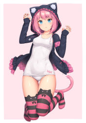 Rule 34 | 1girl, animal ear legwear, animal ears, animal hood, black thighhighs, blue eyes, breasts, cat ear legwear, cat ears, cat hood, cat tail, claw pose, closed mouth, collarbone, drawstring, frown, full body, gluteal fold, highres, hood, hood up, hooded jacket, jacket, long sleeves, looking at viewer, medium breasts, medium hair, no shoes, one-piece swimsuit, original, pink background, pink hair, pink thighhighs, sasaame, simple background, solo, striped clothes, striped thighhighs, swimsuit, tail, thigh gap, thighhighs, white one-piece swimsuit