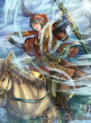 Rule 34 | 1boy, arrow (projectile), bandana, bow (weapon), cloud, company name, earrings, fingerless gloves, fire emblem, fire emblem: the blazing blade, fire emblem cipher, fur trim, gloves, green hair, holding, holding weapon, horse, horseback riding, jewelry, male focus, nintendo, official art, outdoors, plant, quiver, rath, riding, sky, solo, sparkle, sword, takaya tomohide, tree, weapon, wide sleeves