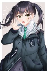 Rule 34 | 1girl, absurdres, black hair, black skirt, blush, brown eyes, collared shirt, commentary request, cowboy shot, crossed bangs, green necktie, hand up, highres, hood, hood down, hooded jacket, idolmaster, idolmaster cinderella girls, jacket, long hair, looking at viewer, mole, necktie, open mouth, outstretched hand, pleated skirt, sharp teeth, shirt, skirt, solo, sunazuka akira, teeth, twintails, two-tone background, upper body, white shirt, yumemo