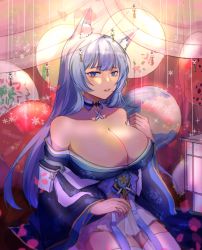 Rule 34 | 1girl, animal ear fluff, animal ears, azur lane, bare shoulders, blue collar, blue eyes, blue kimono, breasts, cleavage, collar, fox ears, fox girl, highres, huge breasts, japanese clothes, kimono, kitsune, long hair, looking at viewer, off shoulder, shinano (azur lane), silver hair, sitting, skirt, skirt under kimono, solo, thighhighs, white skirt, white thighhighs, yiquan