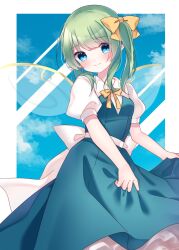 Rule 34 | 1girl, blue eyes, blue sky, blush, bow, bowtie, cacao (cacaomgmg), cloud, commentary, daiyousei, day, fairy, fairy wings, green hair, hair bow, highres, long hair, looking at viewer, one-hour drawing challenge, puffy short sleeves, puffy sleeves, short sleeves, side ponytail, skirt hold, sky, smile, solo, touhou, waist bow, white bow, wings, yellow bow, yellow bowtie