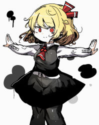 Rule 34 | 1girl, ascot, black skirt, black vest, blonde hair, closed mouth, hair ribbon, highres, long sleeves, looking at viewer, outstretched arms, piaki, red ascot, red eyes, red ribbon, ribbon, rumia, shirt, short hair, skirt, smile, solo, touhou, vest, white background, white shirt
