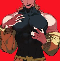 Rule 34 | 1boy, abs, black leotard, black lips, black nails, blonde hair, bracelet, dio brando, earrings, evil smile, fangs, grabbing own pectorals, hands on own chest, highres, jacket, jewelry, jojo no kimyou na bouken, large pectorals, leotard, long hair, long sleeves, makeup, male focus, muscular, muscular male, pants, pectorals, red background, shenshan laolin, simple background, smile, solo, stardust crusaders, vampire, yellow jacket, yellow pants
