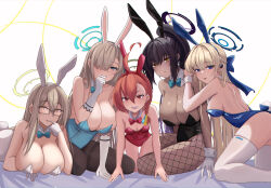 Rule 34 | 5girls, absurdres, akane (blue archive), akane (bunny) (blue archive), animal ears, aqua bow, aqua bowtie, asuna (blue archive), asuna (bunny) (blue archive), black-framed eyewear, black leotard, blue archive, bow, bowtie, cleaning &amp; clearing (blue archive), curvy, dark-skinned female, dark skin, detached collar, fake animal ears, glasses, halo, high ponytail, highleg, highleg leotard, highres, karin (blue archive), karin (bunny) (blue archive), leotard, long hair, michill 1121, multiple girls, neru (blue archive), neru (bunny) (blue archive), official alternate costume, pantyhose, playboy bunny, rabbit ears, shiny clothes, shiny skin, strapless, strapless leotard, toki (blue archive), toki (bunny) (blue archive), very long hair, white leotard, white pantyhose, wide hips, yellow eyes