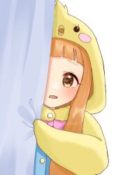 Rule 34 | 1girl, behind curtains, blush, bow, bowtie, brown eyes, brown hair, buttons, chicken costume, chicken hood, child, commentary request, cosplay, dot nose, hiding, ichihara nina, idolmaster, idolmaster cinderella girls, idolmaster cinderella girls u149, kigurumi, long hair, looking at viewer, open mouth, pink bow, pink bowtie, scared, sidelocks, solo, upper body, watatai, watermark, wavy mouth, white background