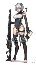 Rule 34 | 1girl, absurdres, amputee, bare shoulders, black gloves, blue eyes, blue leotard, blue nails, breasts, catheter, chain, commentary, covered navel, cyborg, double amputee, elbow gloves, fingerless gloves, full body, futanari, gloves, gun, hair between eyes, highleg, highres, holding, holding gun, holding weapon, iuui, large breasts, leotard, looking at viewer, nail polish, open mouth, original, prosthesis, prosthetic leg, scar, short hair, simple background, skindentation, solo, standing, stirrup legwear, stitches, symbol-only commentary, teeth, thigh strap, toeless legwear, toes, upper teeth only, variant set, weapon, white background, white hair