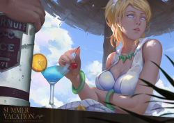 Rule 34 | 10s, 1girl, 2015, air bubble, alcohol, ayase eli, backlighting, bangle, beach umbrella, bikini, blonde hair, blue eyes, blue sky, bottle, bracelet, breasts, bubble, character name, cherry, cleavage, cloud, cocktail, cocktail glass, copyright name, cup, dated, day, drawstring, drinking glass, english text, food, fruit, glass, hair ornament, hair scrunchie, highres, holding, holding food, holding fruit, hood, hood down, hooded jacket, jacket, jewelry, leaf, lipstick, long hair, looking away, looking to the side, love live!, love live! school idol project, makeup, medium breasts, midriff, natsuiro egao de 1 2 jump!, necklace, orange (fruit), orange slice, out of frame, parted lips, ponytail, product placement, realistic, regition, scrunchie, signature, sitting, sky, sleeveless, solo focus, star (symbol), striped, summer, sweat, swept bangs, swimsuit, table, teeth, text focus, umbrella, upper body, water drop, wine bottle, wine glass