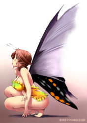 Rule 34 | 1girl, barefoot, bottomless, breasts, brown eyes, brown hair, butterfly wings, drill hair, fairy, from side, full body, insect wings, kneeling, large breasts, mini person, minigirl, short hair, solo, squatting, togusa masamu, wings