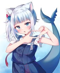 Rule 34 | 1girl, animal ears, blue background, blue dress, blue eyes, blue hair, blunt bangs, blush, cat ears, dress, fins, fish tail, gawr gura, gawr gura (casual), gradient background, highres, hololive, hololive english, looking at viewer, multicolored hair, open mouth, shark tail, shishou (doragyurosu), short sleeves, side ponytail, solo, tail, two-tone hair, virtual youtuber, white hair