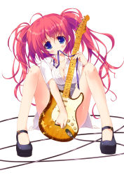 Rule 34 | ahoge, bad id, bad pixiv id, blue eyes, blush, breasts, cleavage, guitar, instrument, large breasts, long hair, mary janes, mouth hold, pink hair, ribbon, shoes, solo, tsurusaki takahiro, twintails
