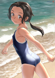 Rule 34 | 1girl, ass, bare arms, bare shoulders, beach, black hair, blue one-piece swimsuit, breasts, closed mouth, commentary request, competition school swimsuit, cowboy shot, expressionless, forehead, from side, highres, looking at viewer, looking to the side, low ponytail, medium hair, mu-pyon, one-piece swimsuit, orange eyes, original, outdoors, paid reward available, sand, school swimsuit, small breasts, solo, swimsuit, tan, tareme, walking, water, waves